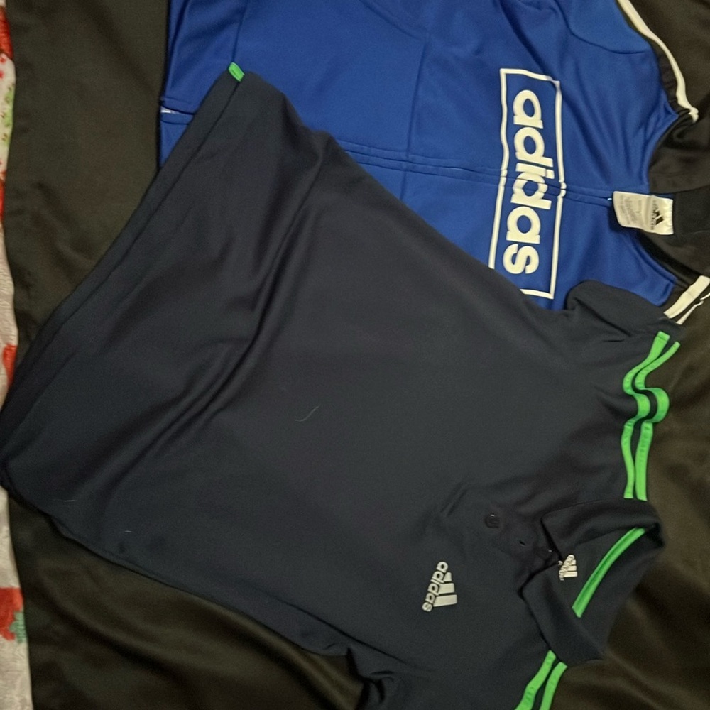 Adidas zip up blue wirh hood (7)and navy polo style shirt (8) bundle